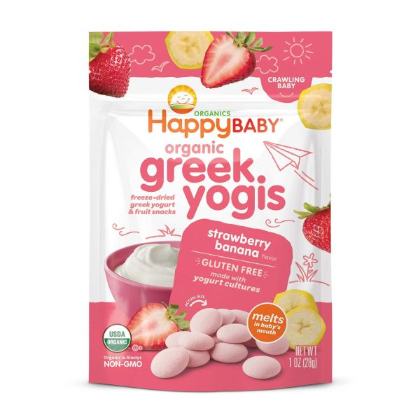 Happy Baby Organics Greek Yogis, Strawberry Banana & Greek Yogurt Organic Freeze-Dried Baby Snack, 1 oz Bag (Pack of 8)