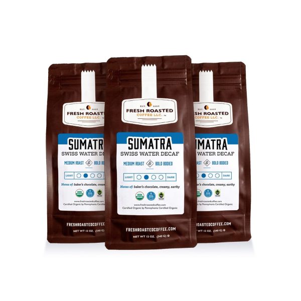 3 pack Fresh Roasted Coffee, Organic Sumatra Water-Processed Decaf Coffee, Medium Roast, Ground, 12 oz