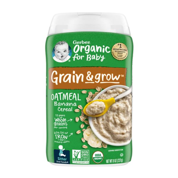 Gerber 2nd Foods Organic for Baby Grain & Grow Oatmeal Baby Cereal, Banana, 8 oz Canister