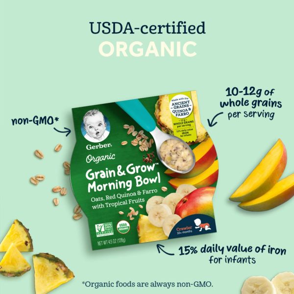 Gerber Organic Grain & Grow Morning Bowl Baby Oatmeal, Tropical Fruits, 4.5 oz Tray：圖片 4